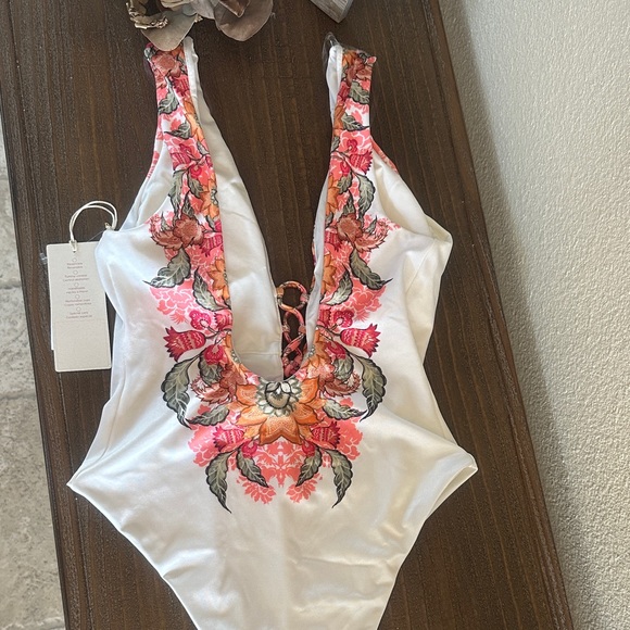 Luxury Lace-Up One-Piece Swimsuit in White and Coral - Picture 5 of 7